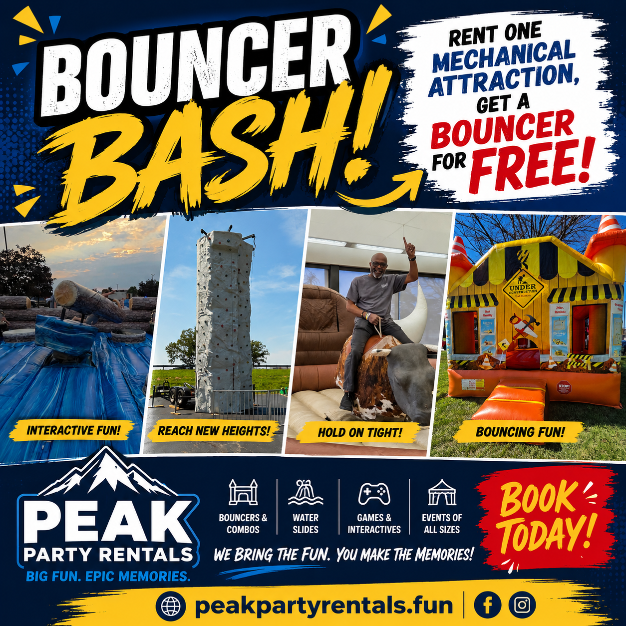 Bouncer Bash offer: rent one mechanical attraction and get a bouncer free from Peak Party Rentals