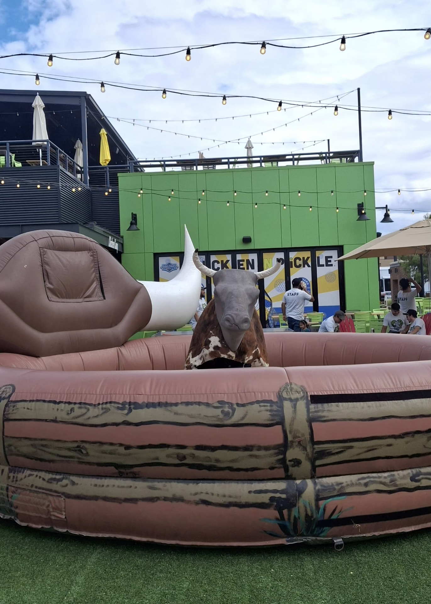 Mechanical bull setup at Chicken N Pickle in Kansas City