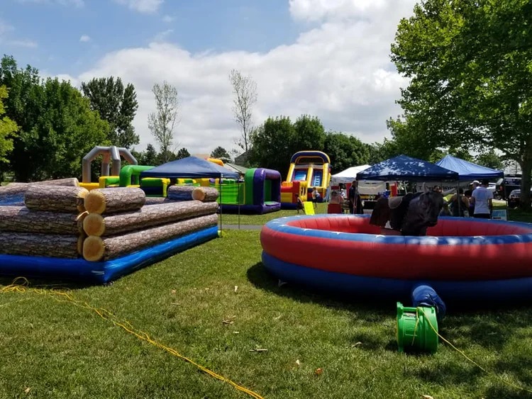 Log jam inflatable and mechanical bull at backyard festival